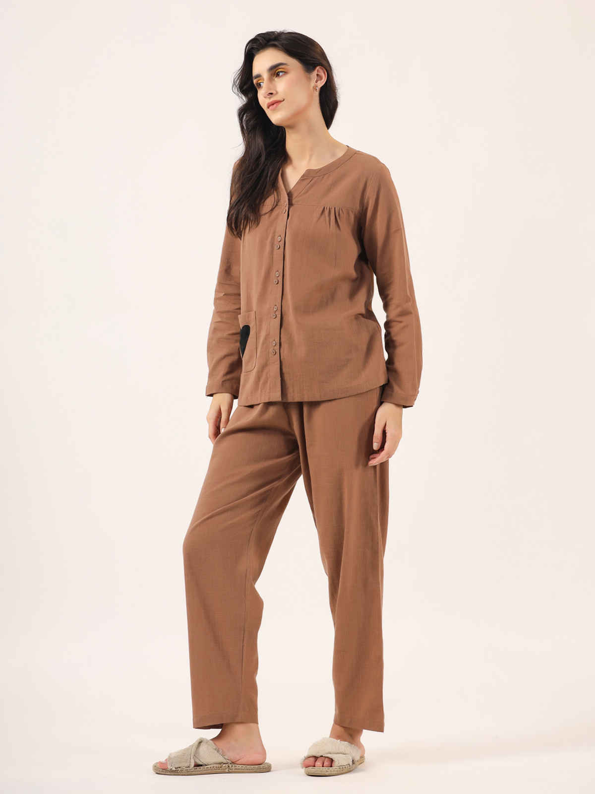 Sanskrutihomes Mandarin Collar Pure Cotton Night Suit | Brown - S