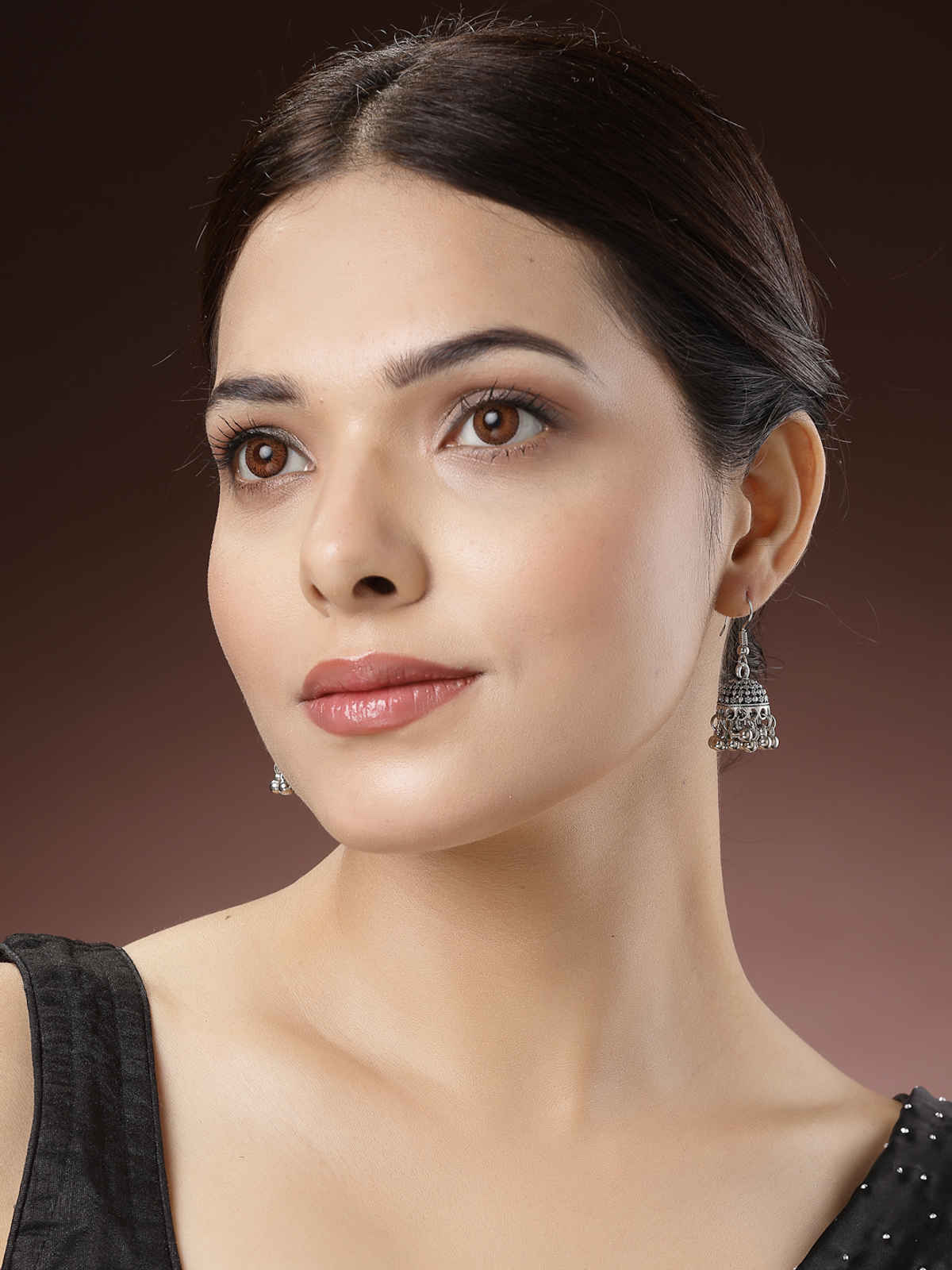 NVR Women German Silver Oxidised Dome Shaped Boho Chic Jhumka Earrings