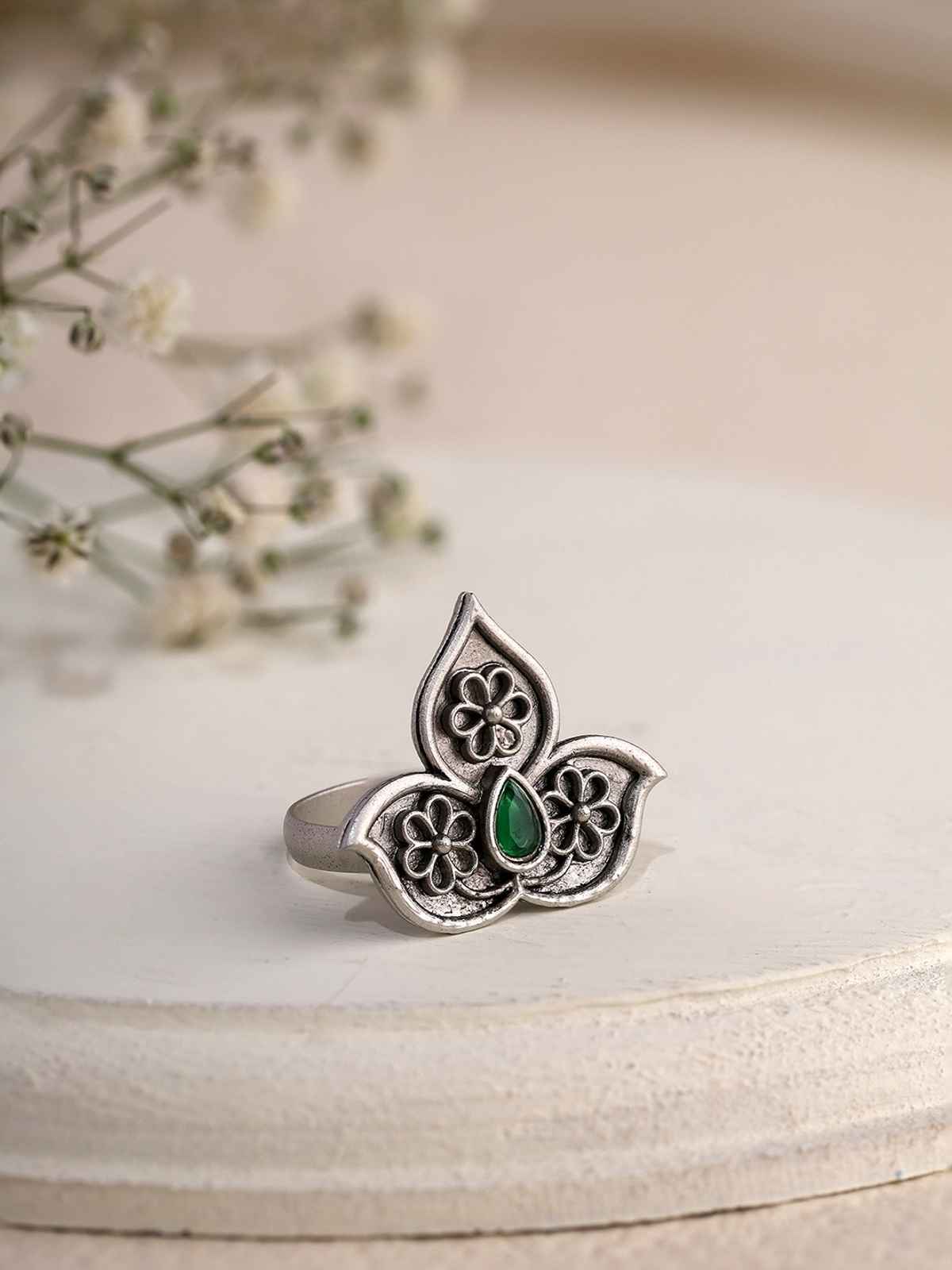 Priyaasi Silver Oxidised Green Stone Studded Ring