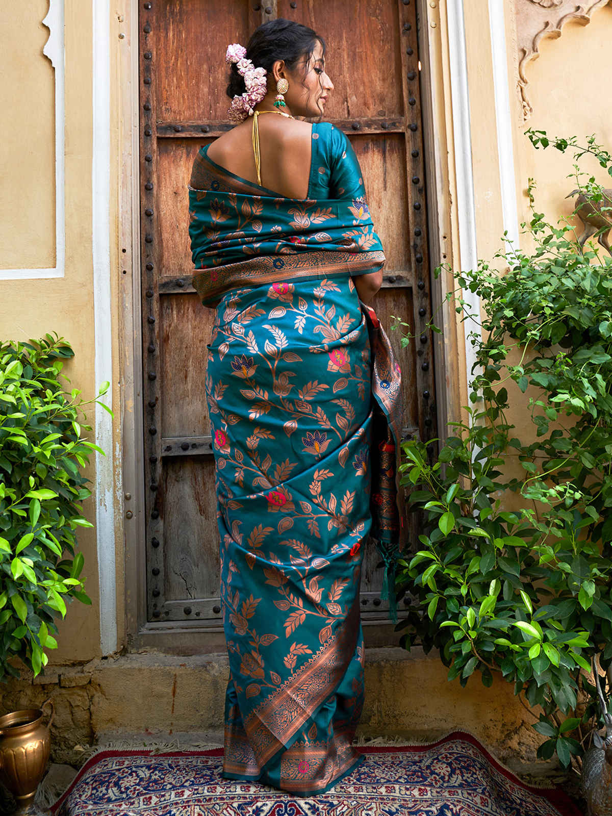 Janasya Women's Banarasi Design Saree with Unstitched Blouse Piece | SAR304 | Teal Green