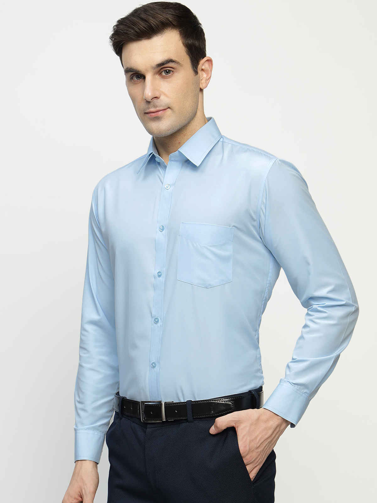 English Navy Men's Cotton Solid Slim Fit Spread Collar Button Closure Formal Shirt | Sky Blue | L