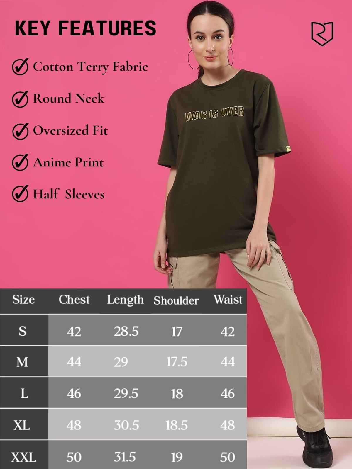 Rigo Women Terry Oversized Printed T-shirt | Army Green - XL