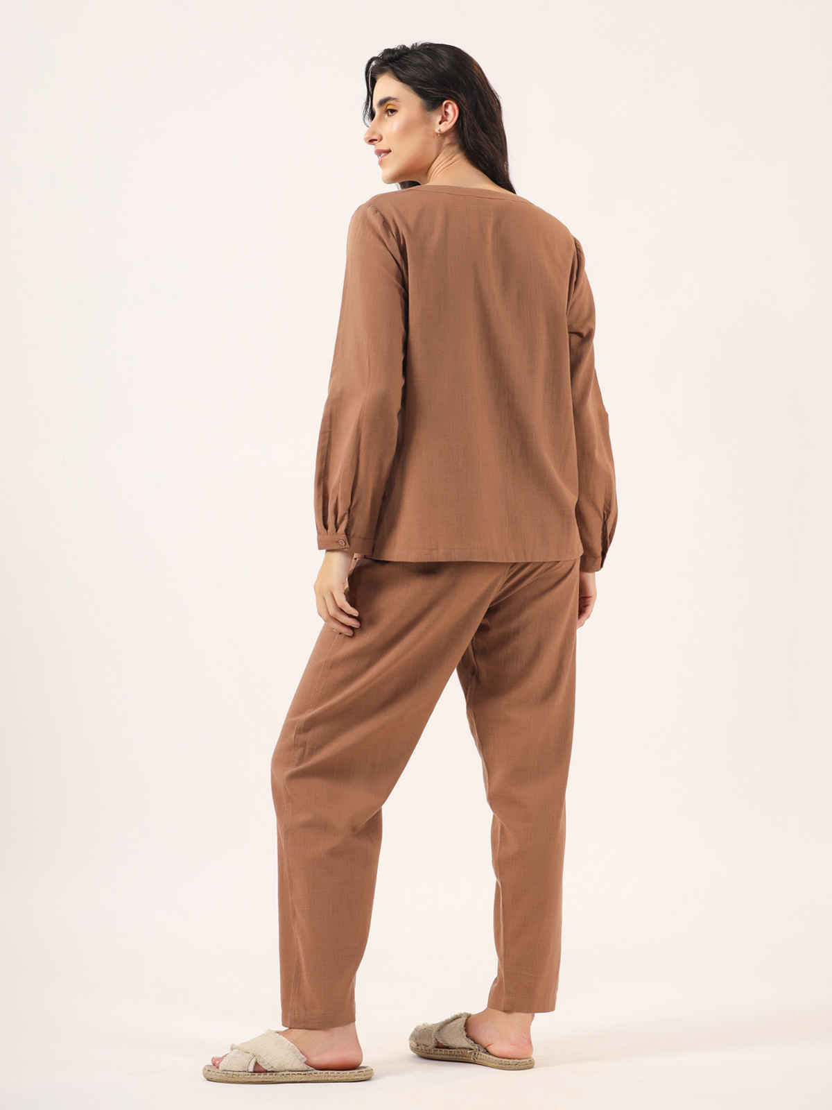 Sanskrutihomes Mandarin Collar Pure Cotton Night Suit | Brown - S