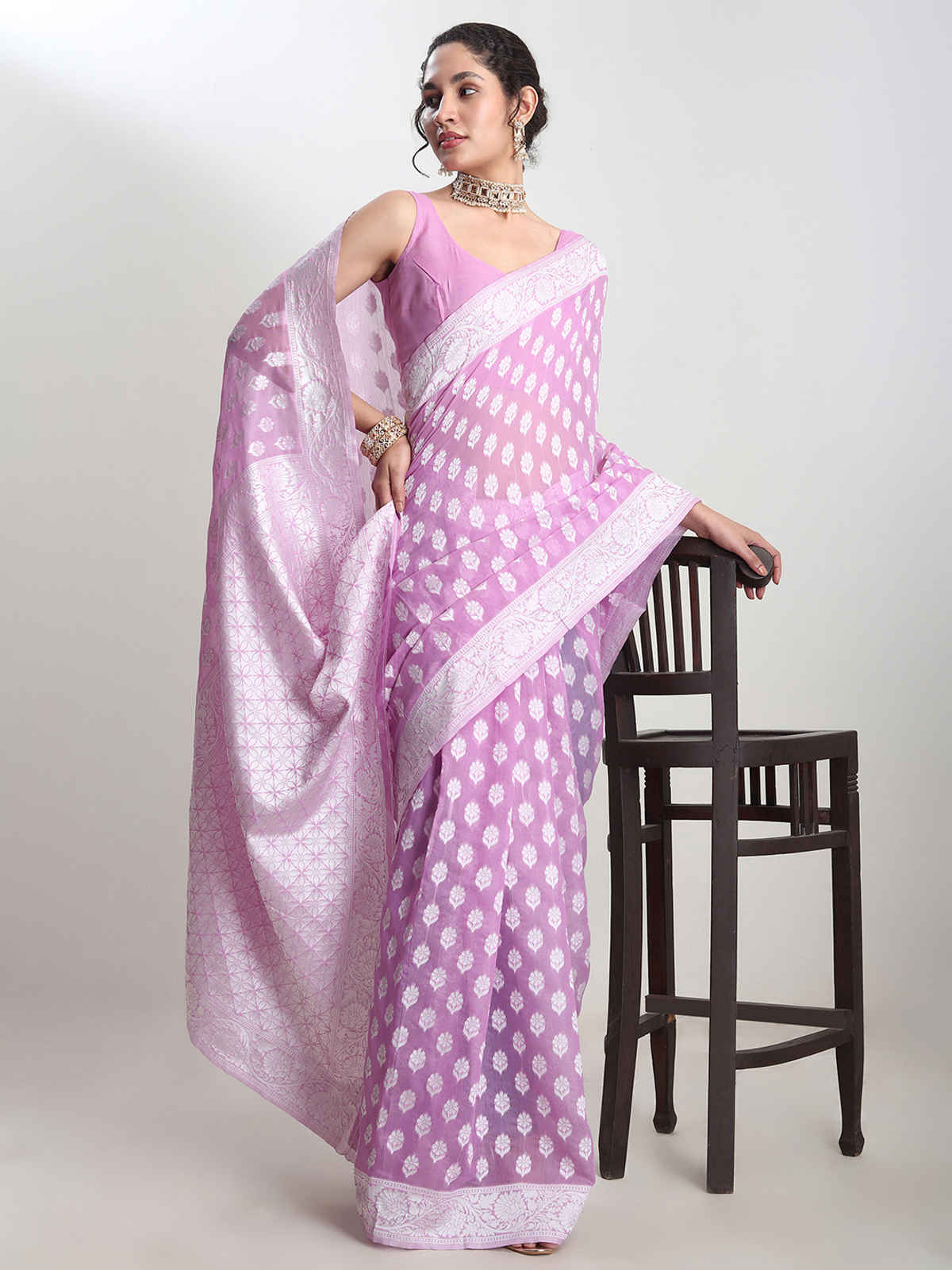 Janasya Women's Silk Blend Floral Woven Design Jacquard Saree with Blouse Piece | SAR631 | Lavender