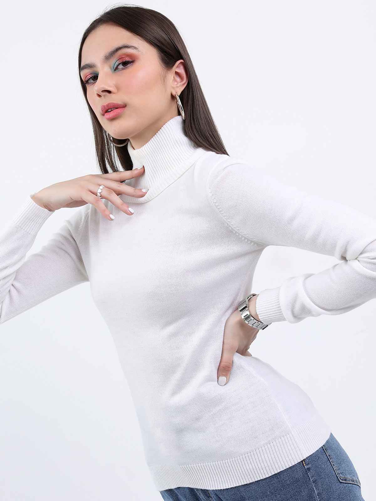 Ketch Women Turtle Neck Long Sleeves Acrylic Pullover | White | L