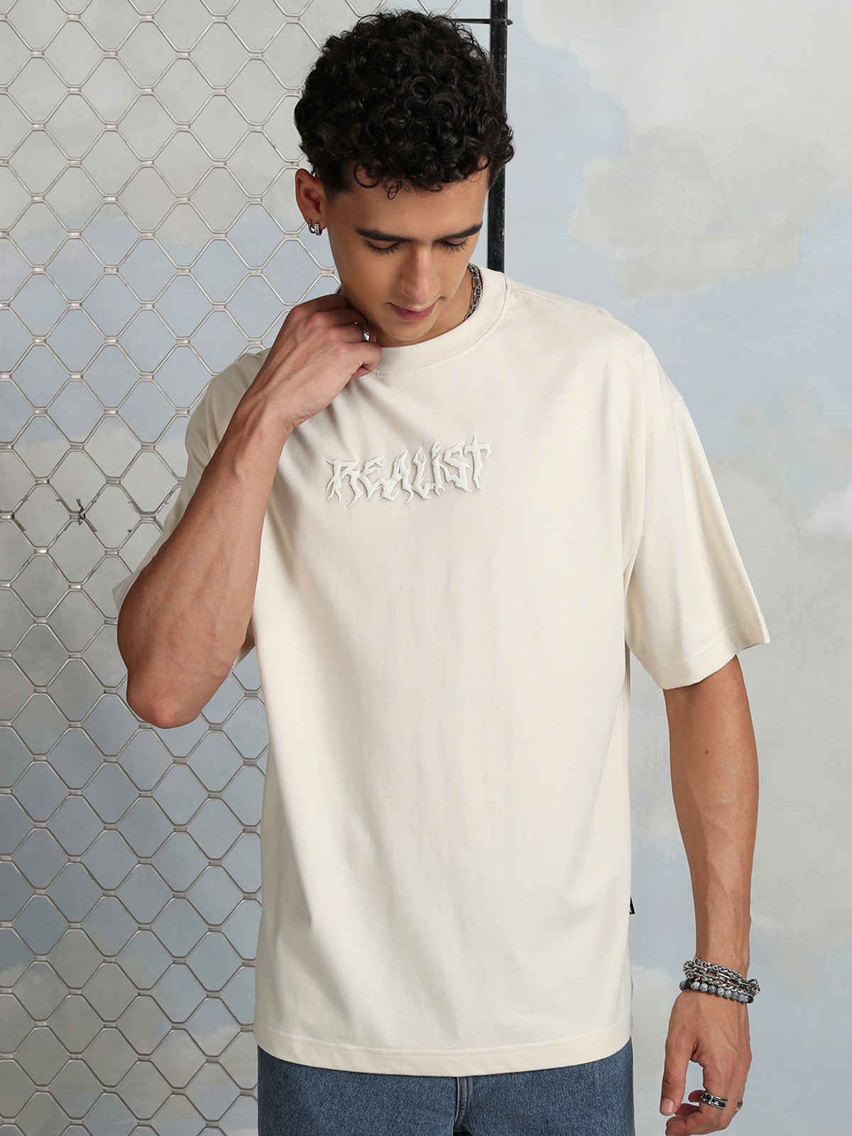 Highlander Men's Puff Printed Cream Round Neck Half Sleeve Oversized T Shirt |Cream |L