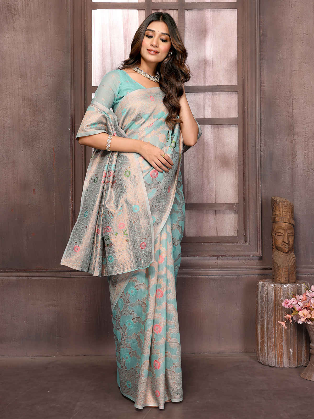 Janasya Women's Cotton Linen Floral Woven Design Saree with Blouse Piece | SAR403 | Light Blue