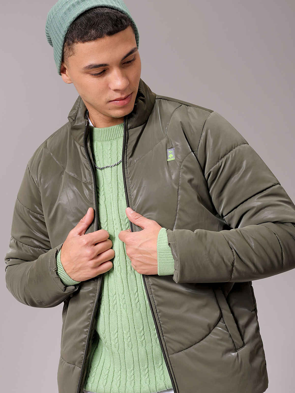 The Indian Garage Co Men's Slim Fit Solid Jacket | Olive - L