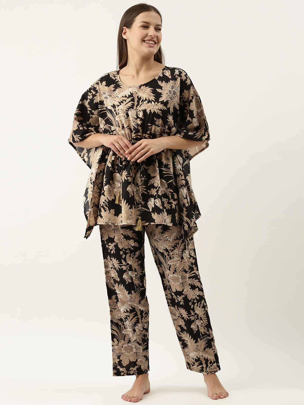 Sanskrutihomes Women's Pure Cotton Night suits | SE-KFP-001 | Black - S