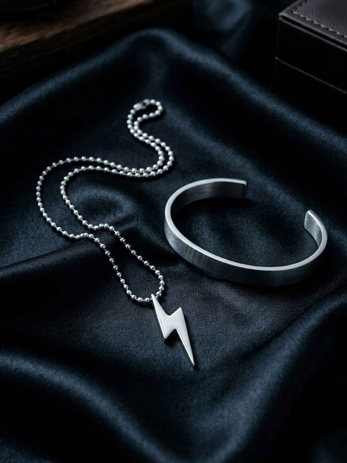 NVR Men's Silver Stainless Steel Cuff Bracelet & Silver-Plated Flash Pendant with Chain Gift combo