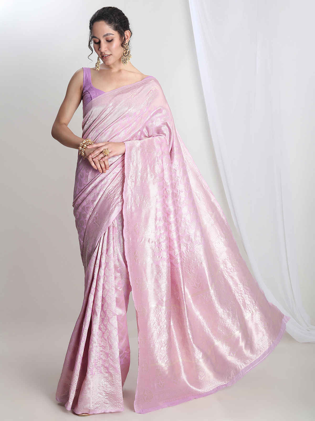 Janasya Women's Silk Blend Leaf Motifs Saree with Blouse Piece | SAR646 | Lavender
