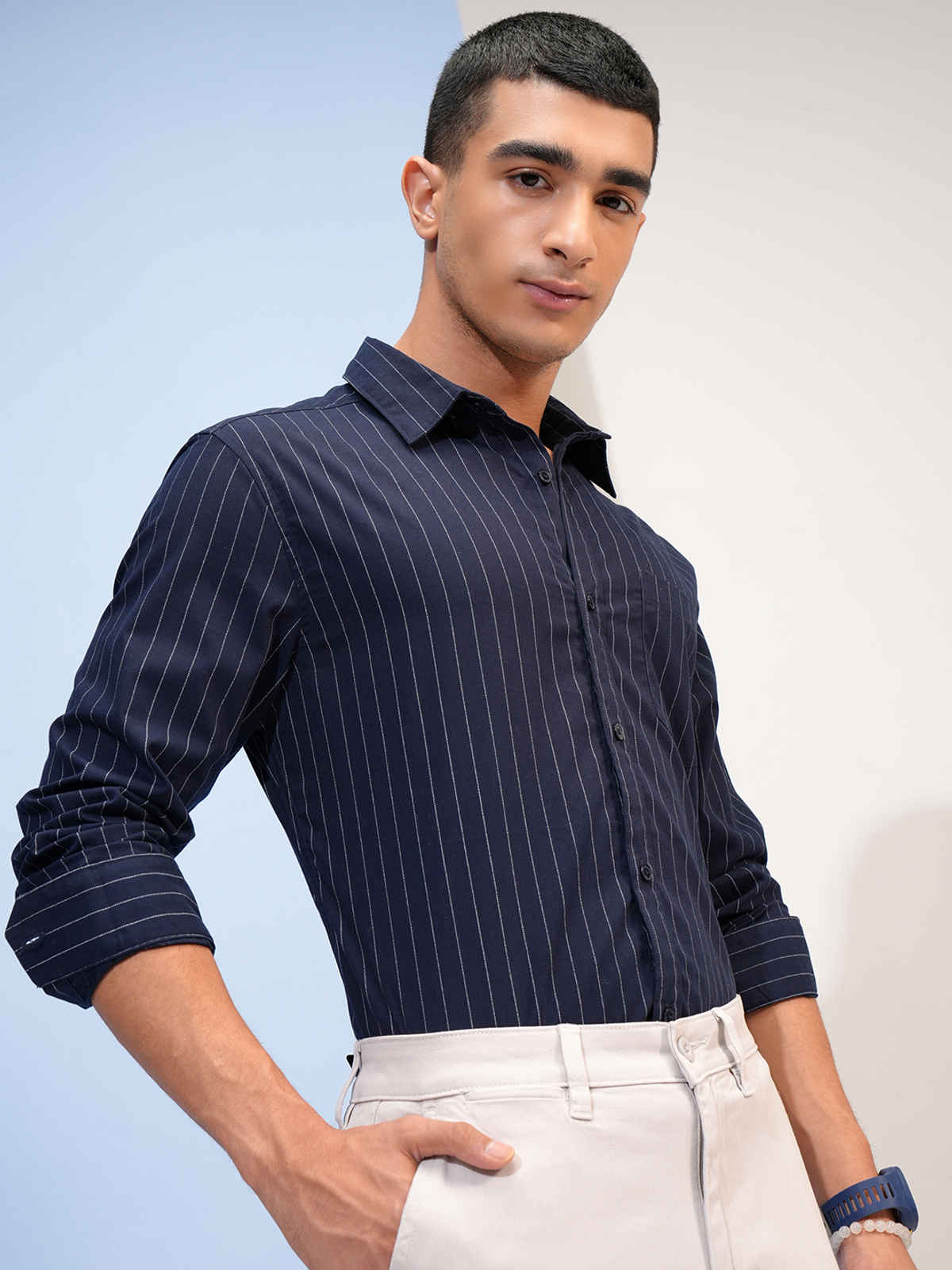 Highlander Men's Striped Slim FIt Shirt | Navy & White - S