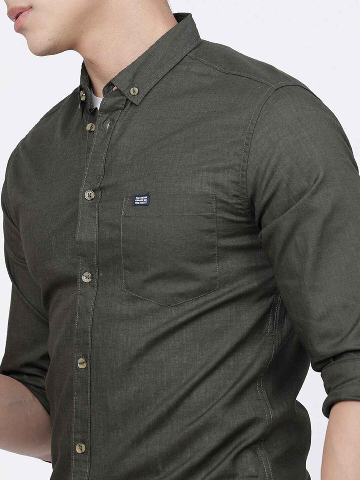 The Indian Garage Co Men's Slim Fit Solid Casual Shirt | Olive - XL