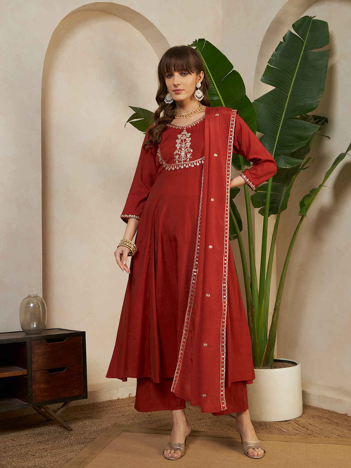 Sheetal Associates Anarkali Kurta Pant Dupatta Set for Women's | Kurta 127 | Maroon | S