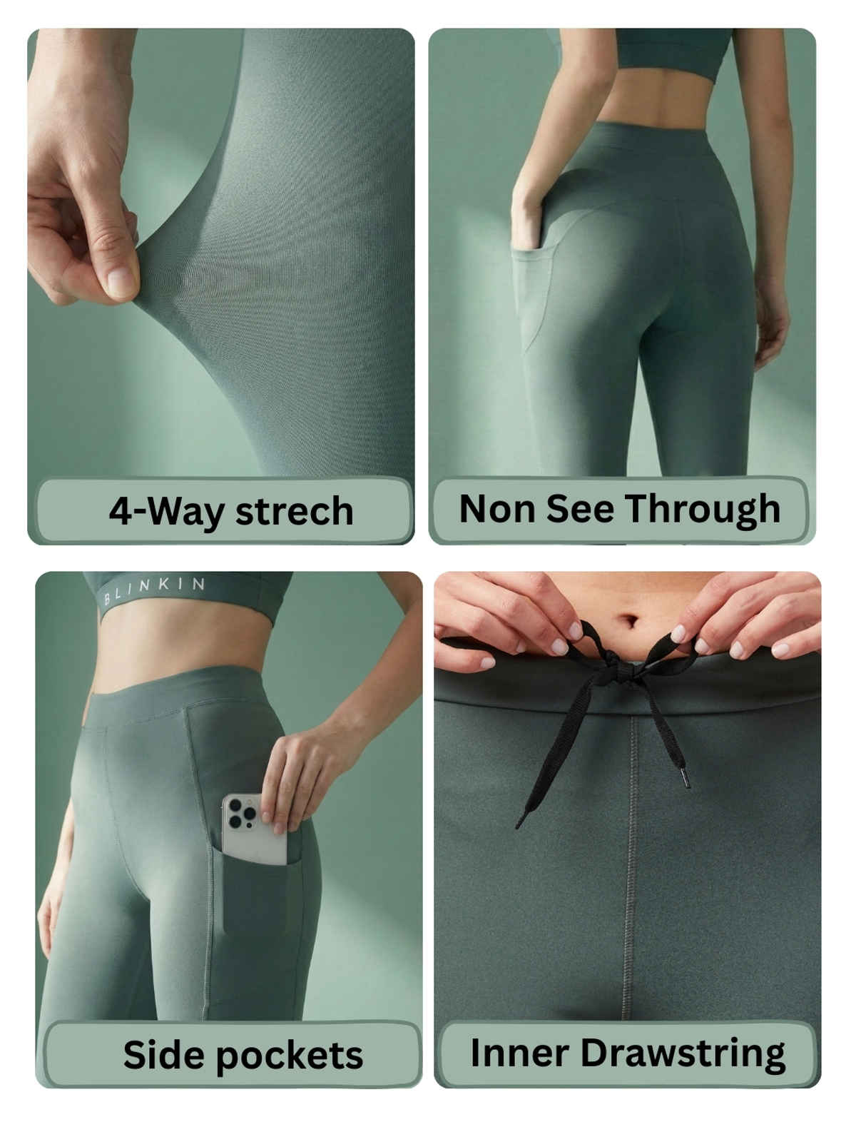 Blinkin Women's Gym Pants & Tights - Dark Green | Stretchable | With Side Pockets | M