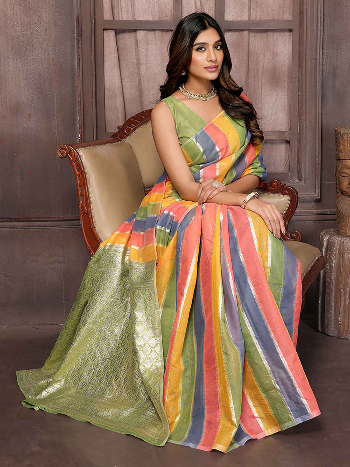 Janasya Women's Cotton Striped Woven Design Woven Saree with Blouse Piece | SAR388 | Multicolour