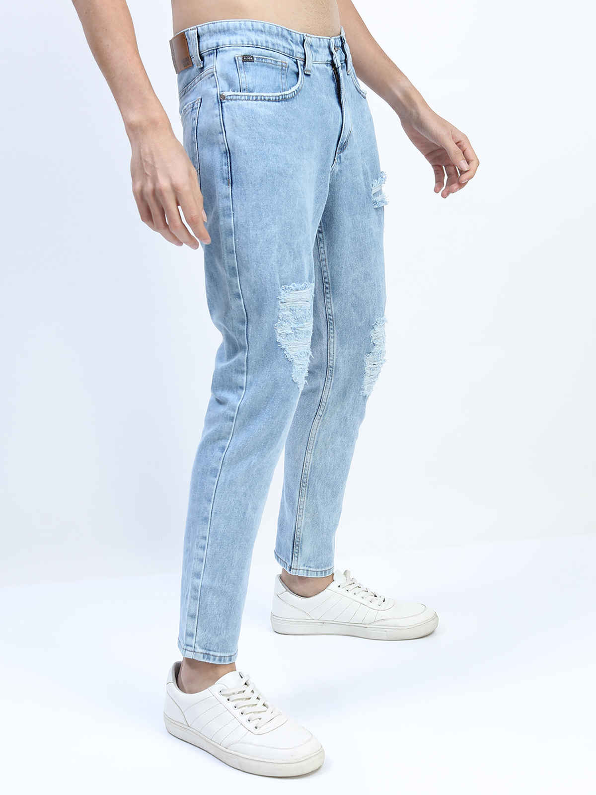 Highlander Men's Tapered Fit Highly Distressed Heavy Fade Stretchable Jeans | Blue - 34