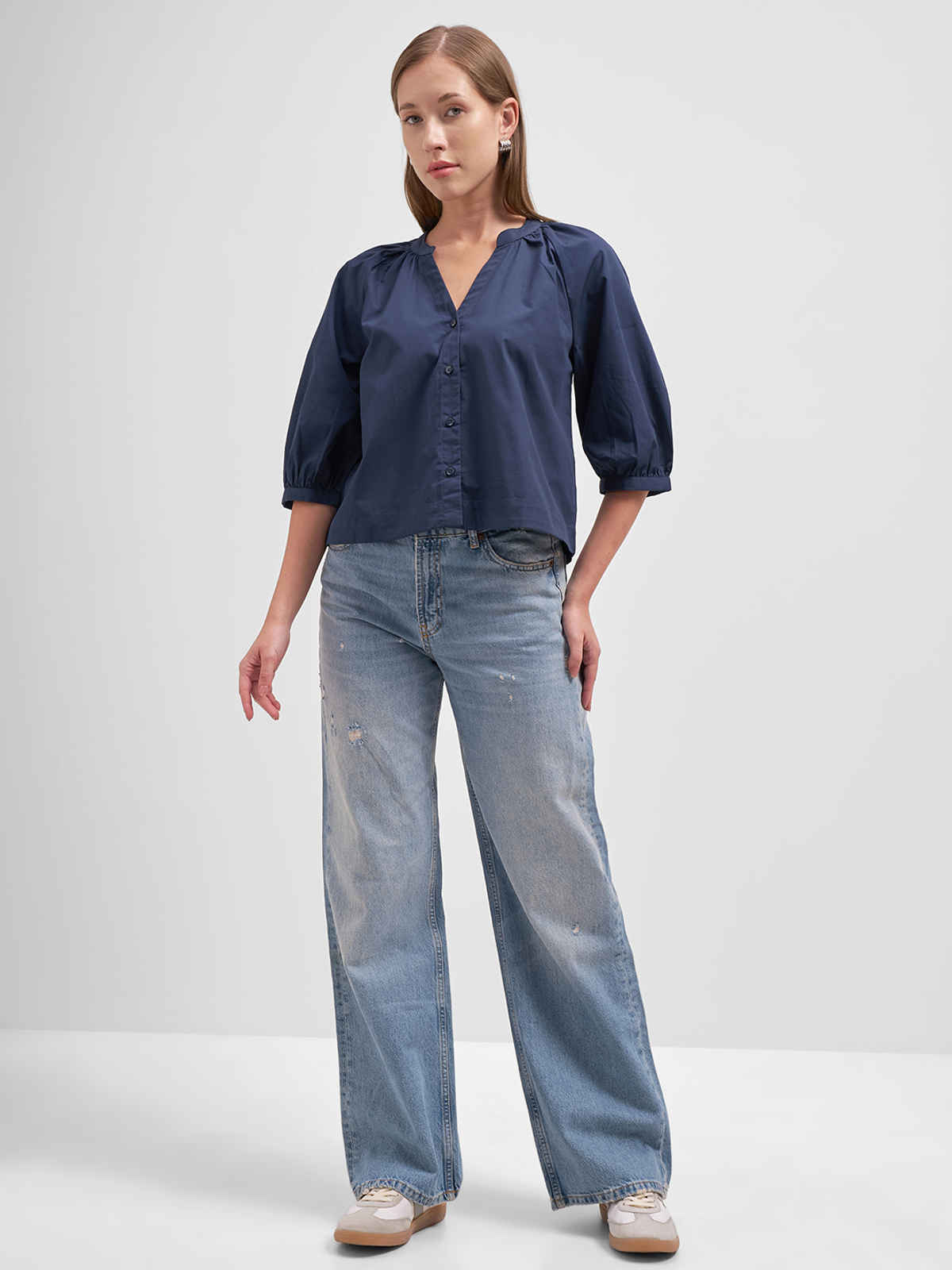Tokyo Talkies Women Manderin Collar 3/4Th Sleeve V Neck Front Placket Blouse | NAVY | S