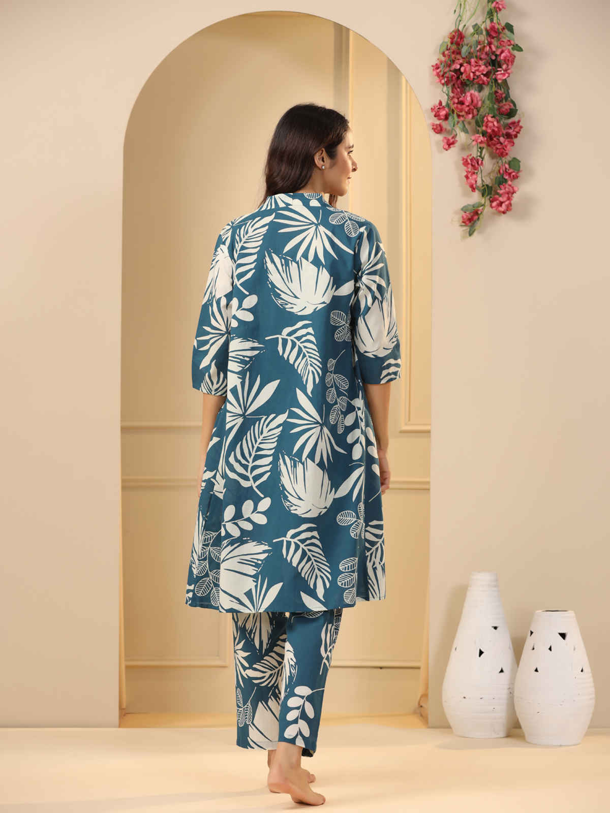 Sanskrutihomes Teal 3 Pieces Floral Printed Pure Cotton Night Suit | Teal - S