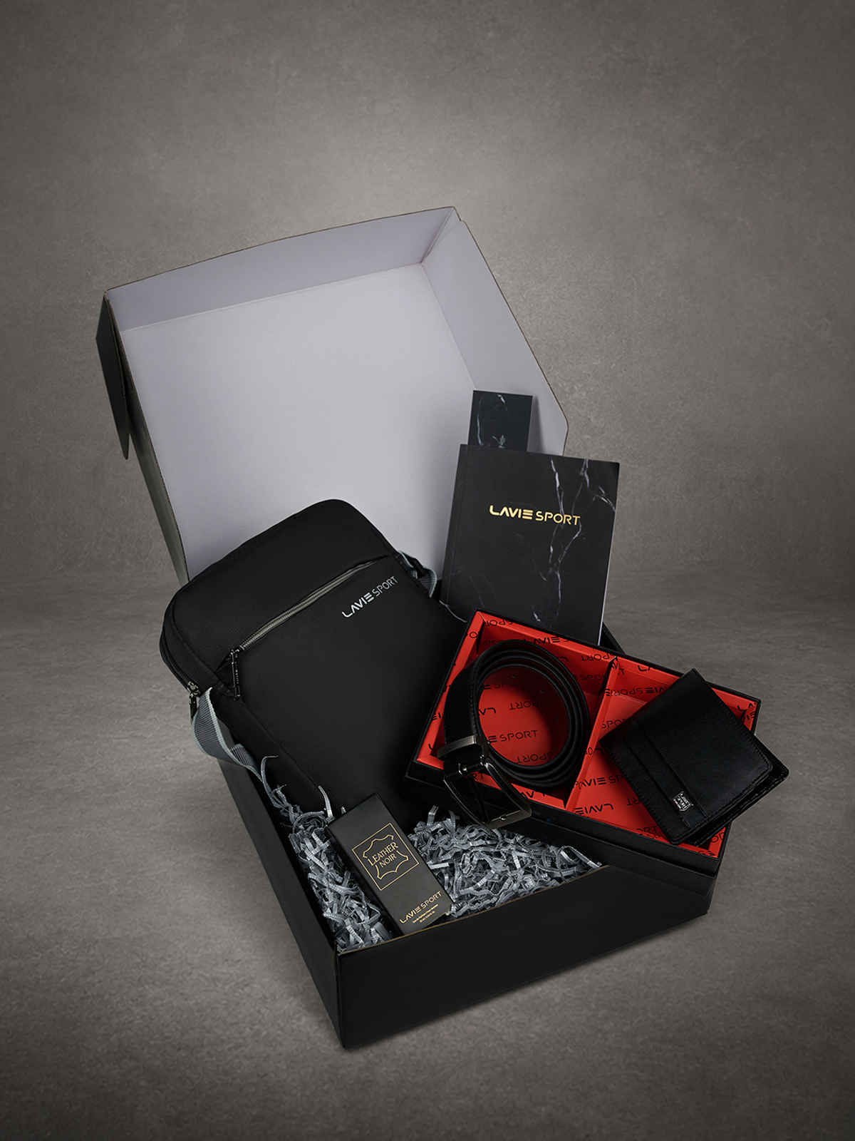 Lavie Sport Men's Midnight Noir Sling Bag | Belt | Wallet | Perfume with Diary Gift Set | Black