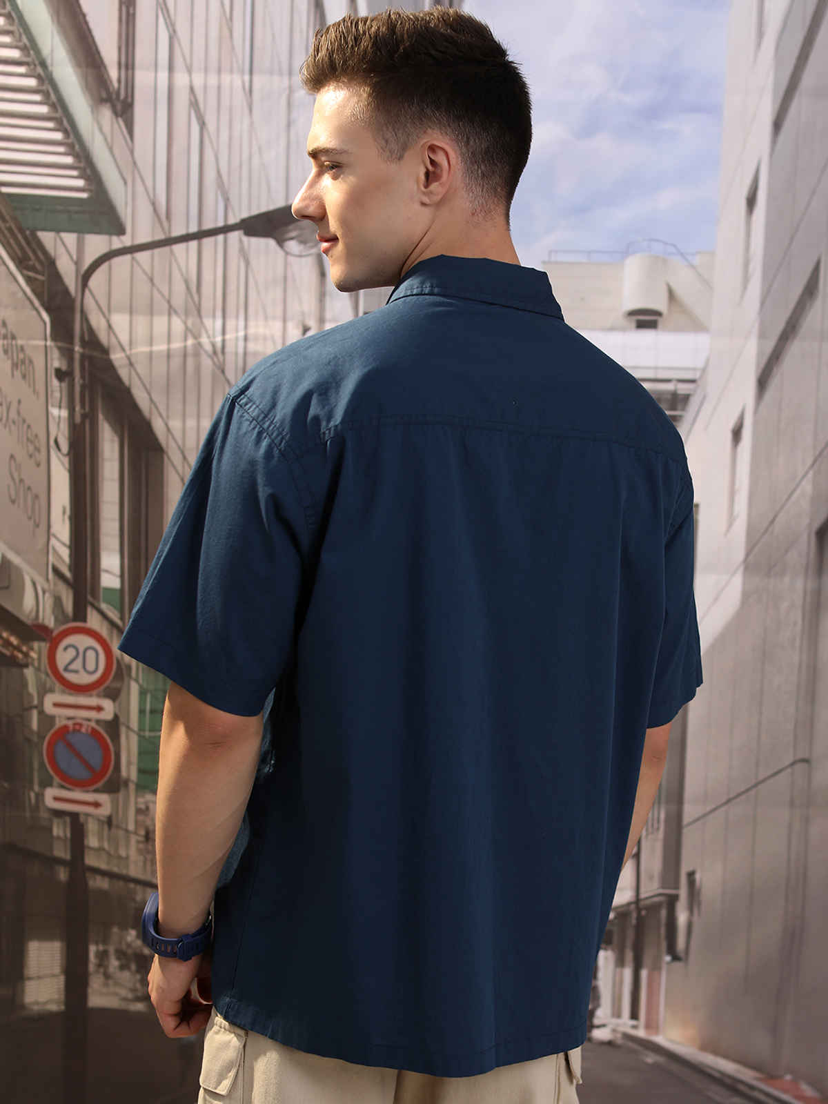 HIGHLANDER Men's Blue Drop Shoulder Boxy Oversized Fit Shirt | Blue - S