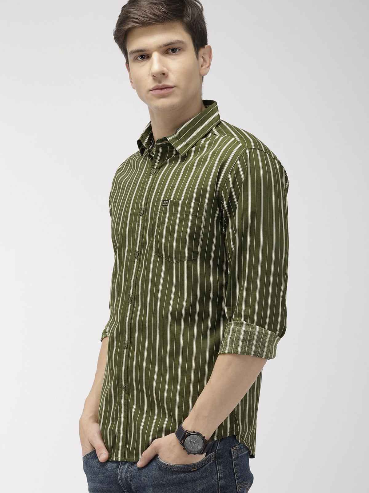 The Indian Garage Co Men's Slim Fit Multi Stripes Casual Shirt | Olive - 2XL