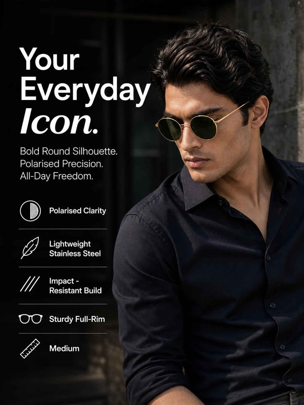 Vincent Chase By Lenskart Unisex Solid Metal Round Sunglasses | Gold - M