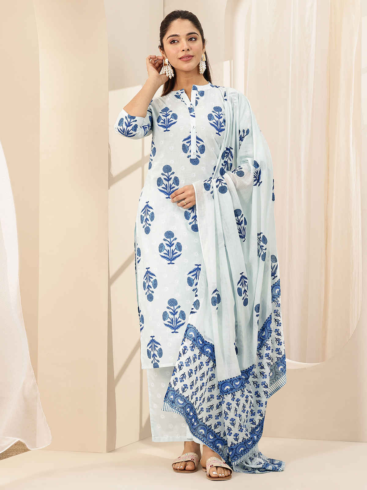 Libas Women's Cotton Straight Suit Sets With Dupatta | 99576H | Blue - L