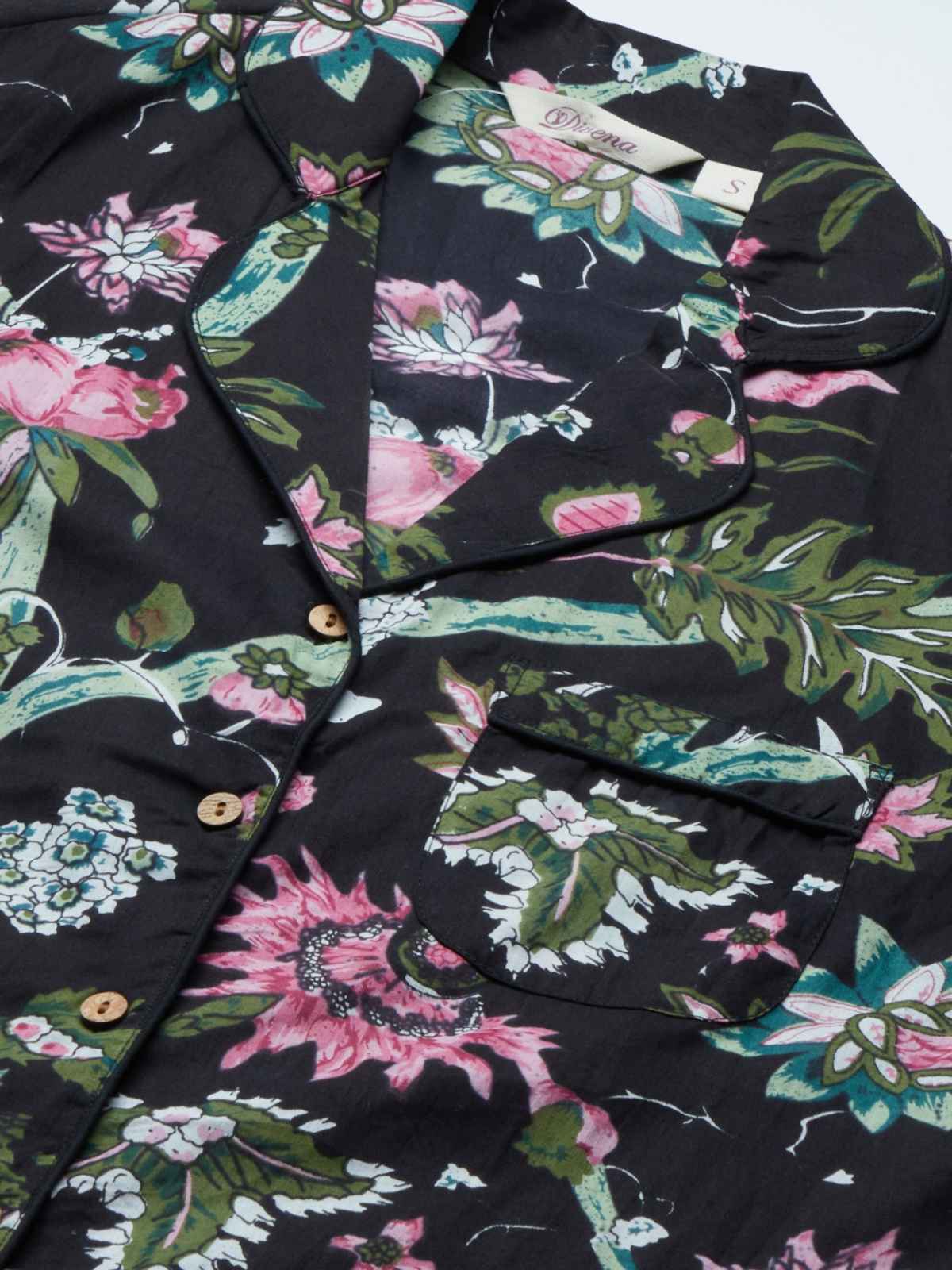Divena Cotton Floral Print Women's Night Suit | DK0222 | Black - M