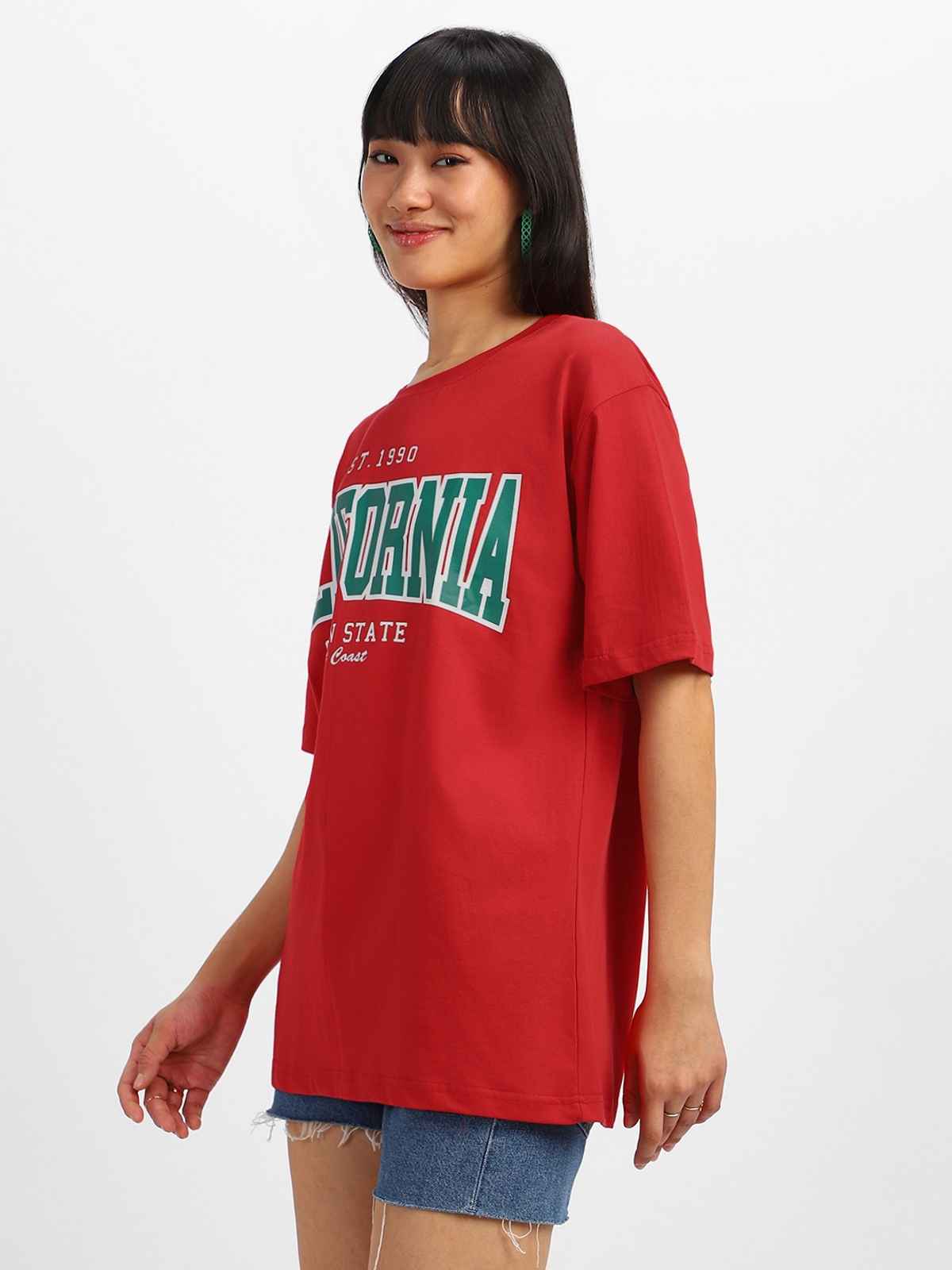 Juneberry Red Tyography Print Oversized Fit T-Shirt - M