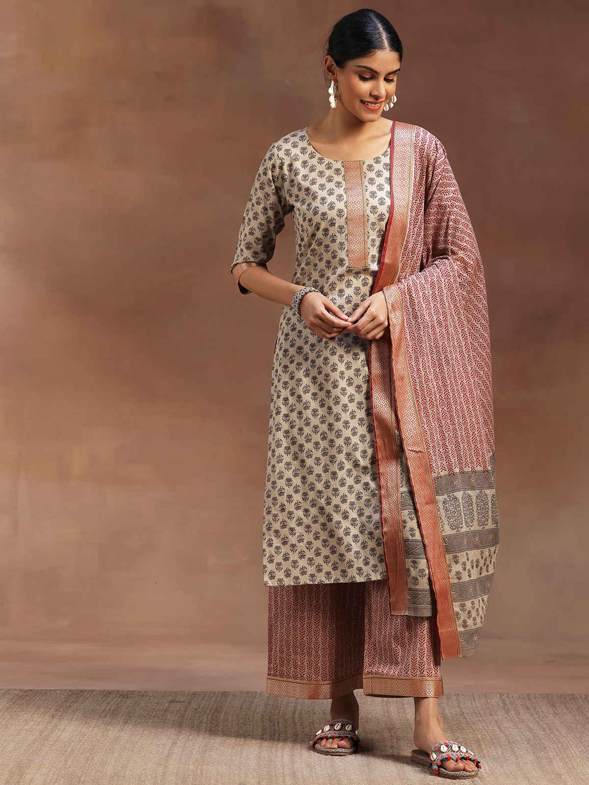 Libas Printed Cotton Straight Suit With Dupatta | 36671OH | Beige - L