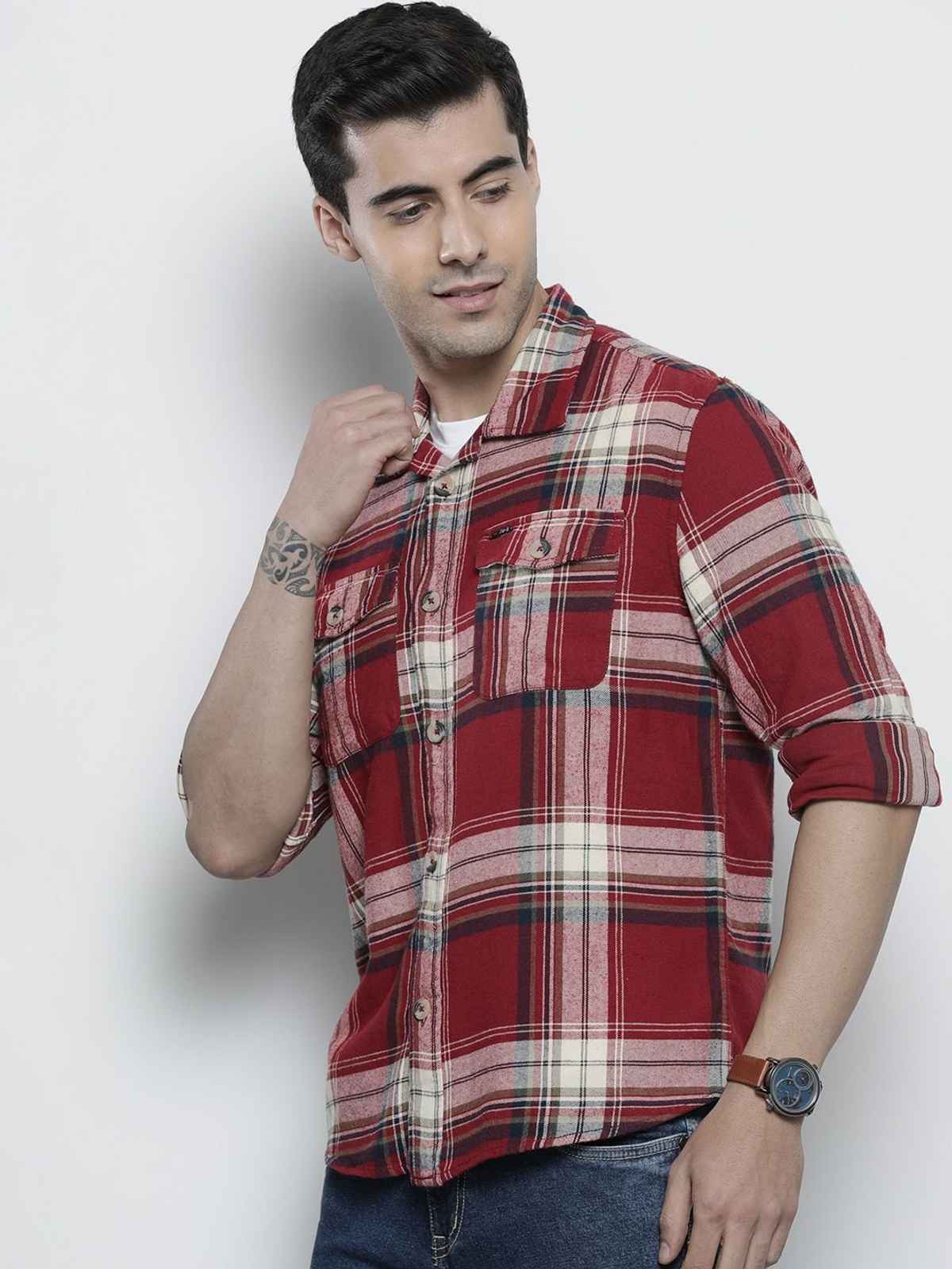 The Indian Garage Co Men's Regular Fit Checkered Casual Shirt | Maroon - L