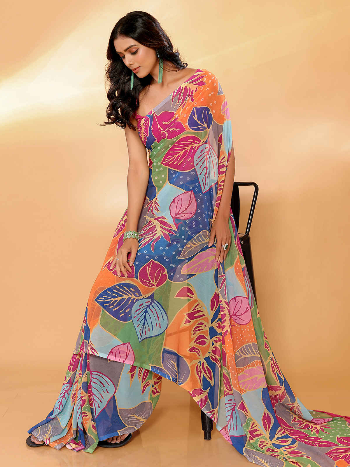 Janasya Women's Georgette Tropical Printed Saree with Blouse Piece | SAR441 | Multicolour