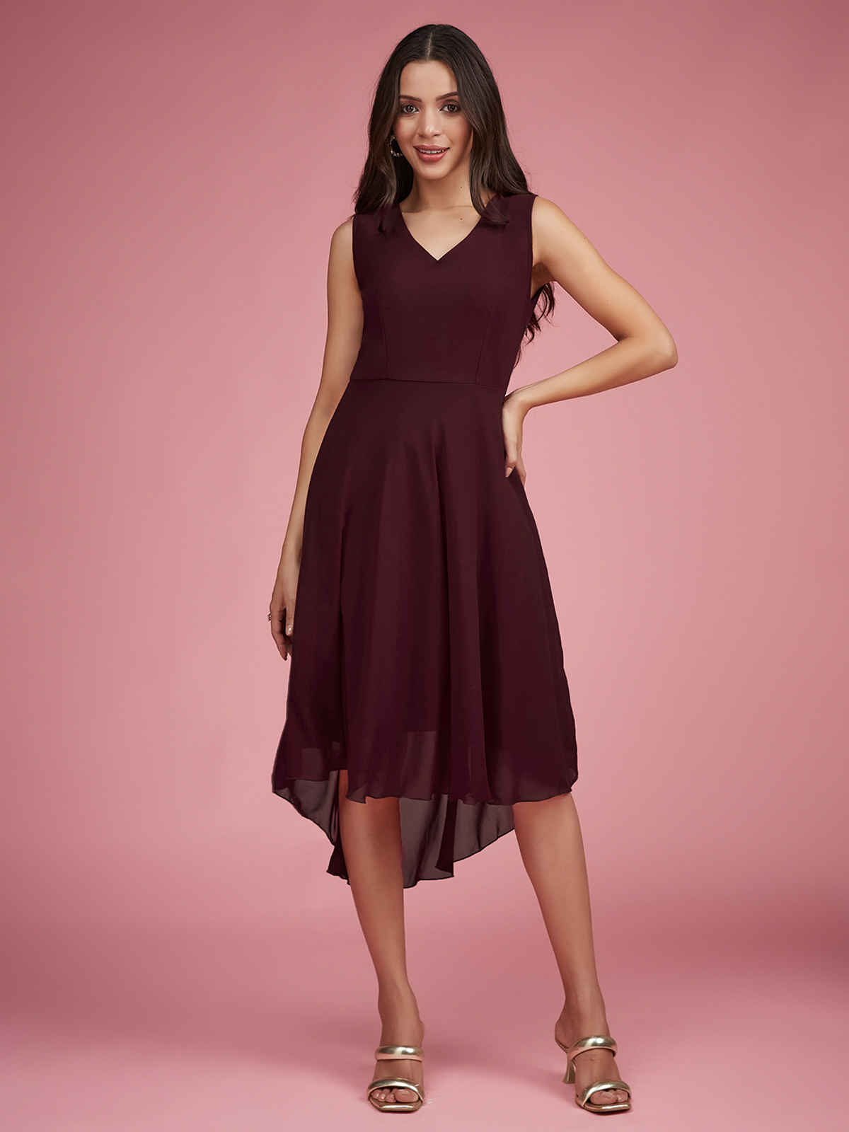 Miss Chase Women Maroon V-Neck Sleeveless Solid High-Low Midi Skater Dress | Maroon | L