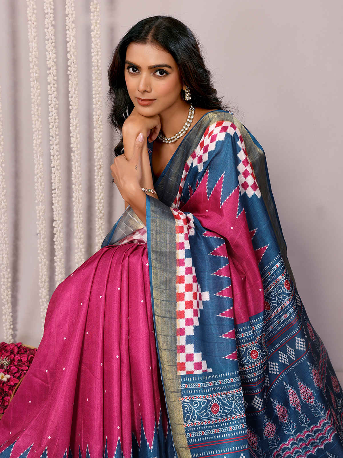 Janasya Women's Chanderi Silk Geometric Printed Saree with Blouse Piece | SAR481 | Pink and Blue