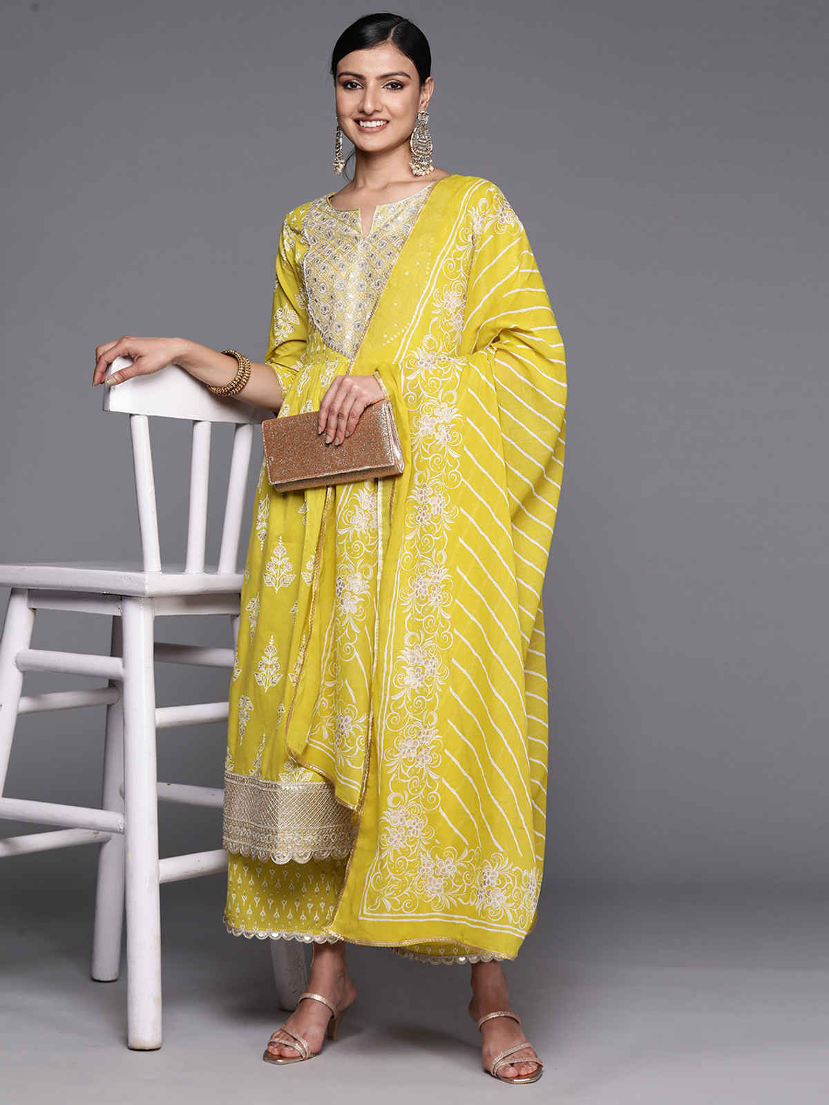 Libas Yoke Design Cotton A-Line Kurta With Palazzos & Dupatta | 34252R | Mustard - L