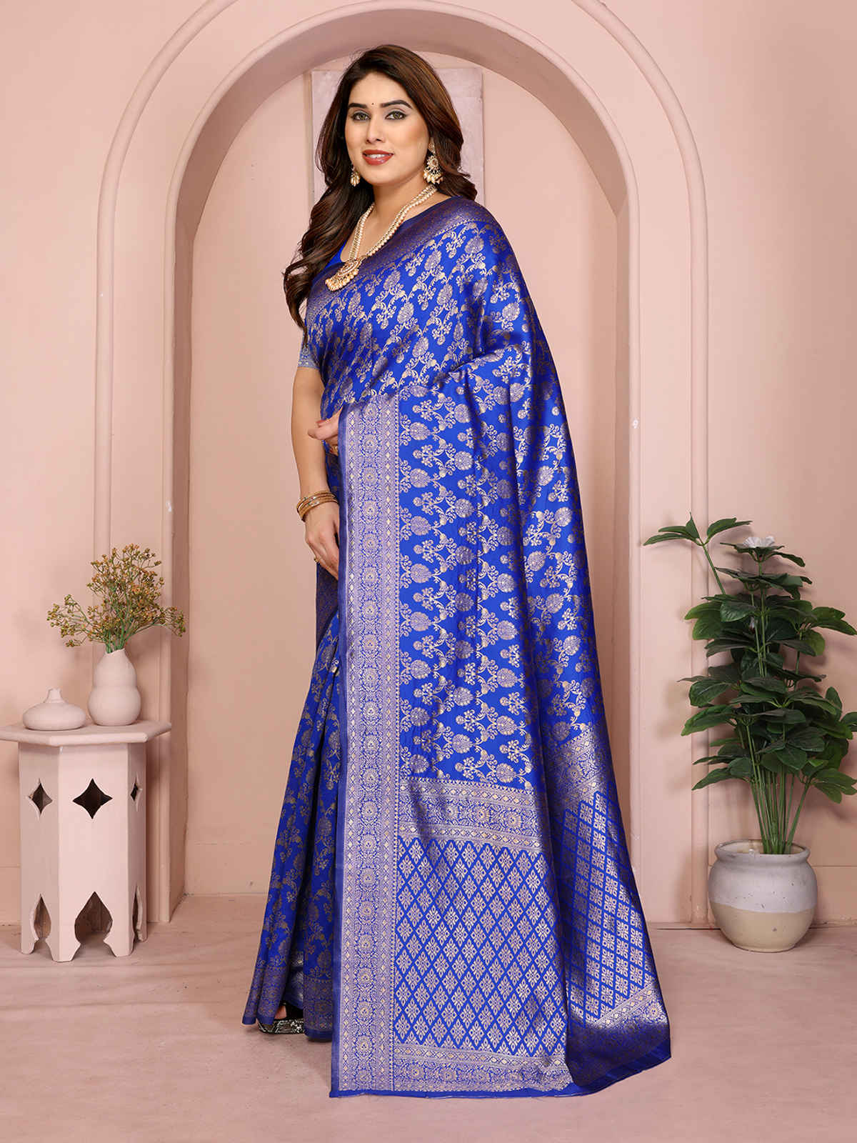Hema Silk Mills Women Woven Banarasi Silk Blend Saree | Royal Blue