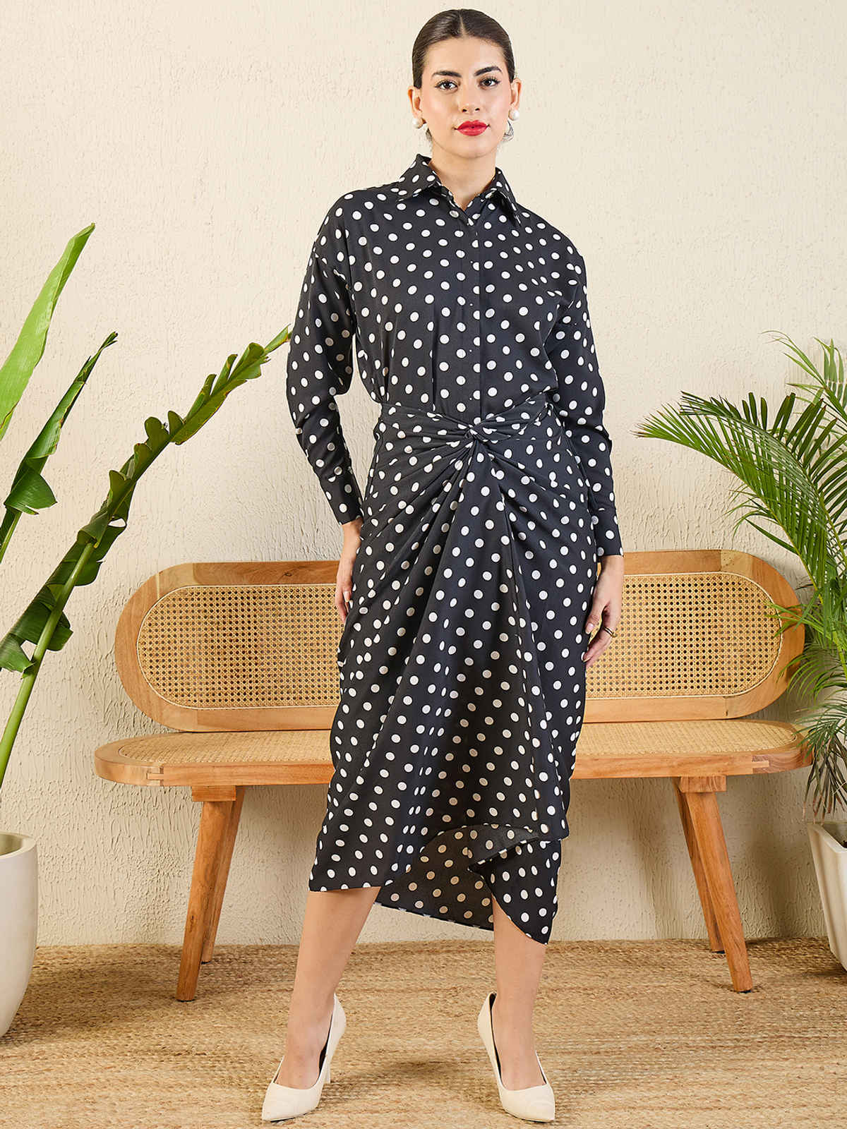 Uptownie Women's Printed Shirt with Front Twist Skirt Co-ord Set | Black - L