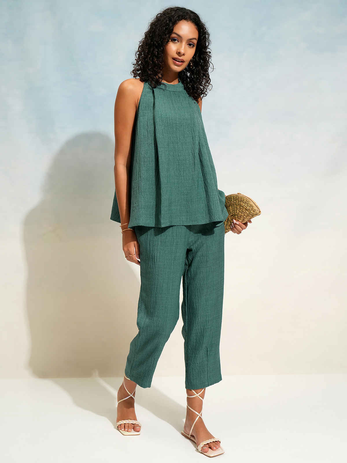 Tokyo Talkies Women's Solid Relaxed Top & Trouser Co-Ord Set | Teal - S