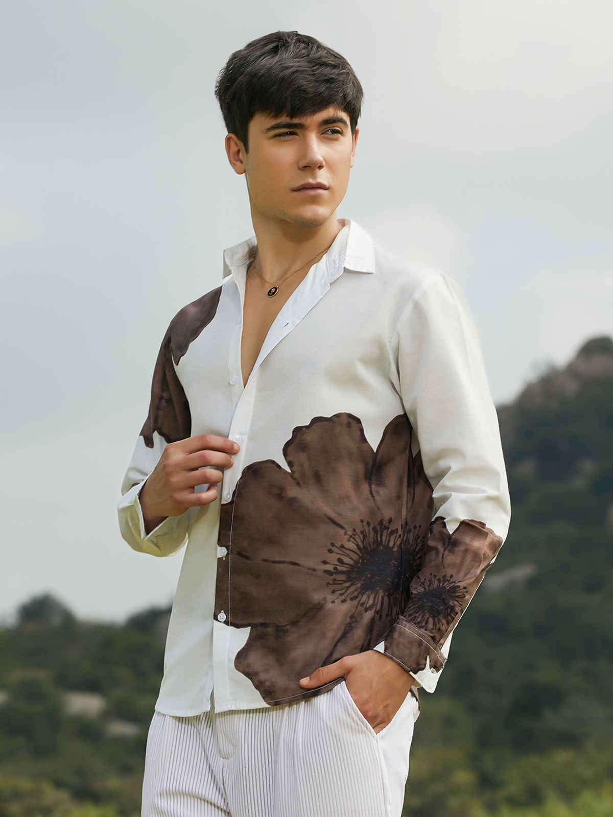 Campus Sutra Men's Primrose Flora Shirt | Ash Brown - S