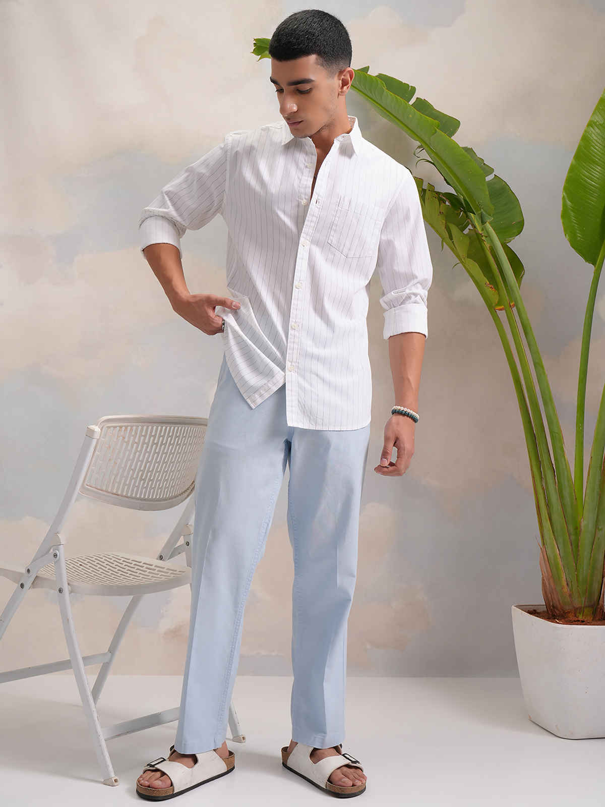 HIGHLANDER Classic Slim Fit Vertical Striped Spread Collar Cotton Casual Shirt | White & Black | L