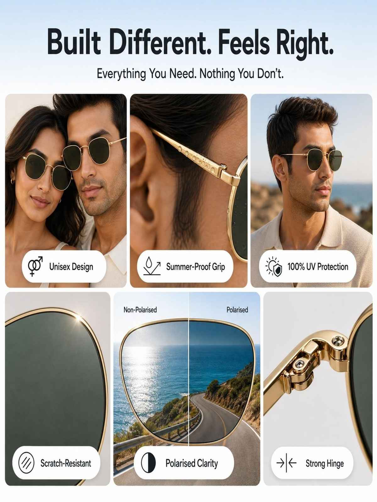 Vincent Chase By Lenskart Unisex Solid Metal Round Sunglasses | Gold - M