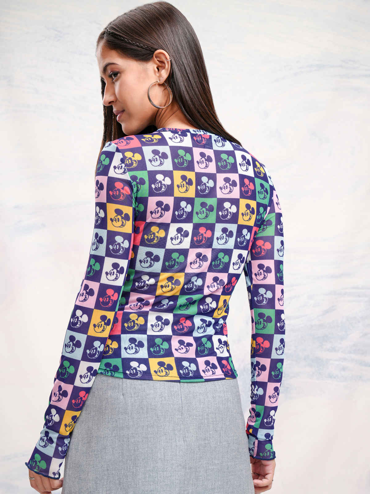 Tokyo Talkies Disney Women's Mickey Mouse Print Long Sleeve Mesh Top | Navy - S