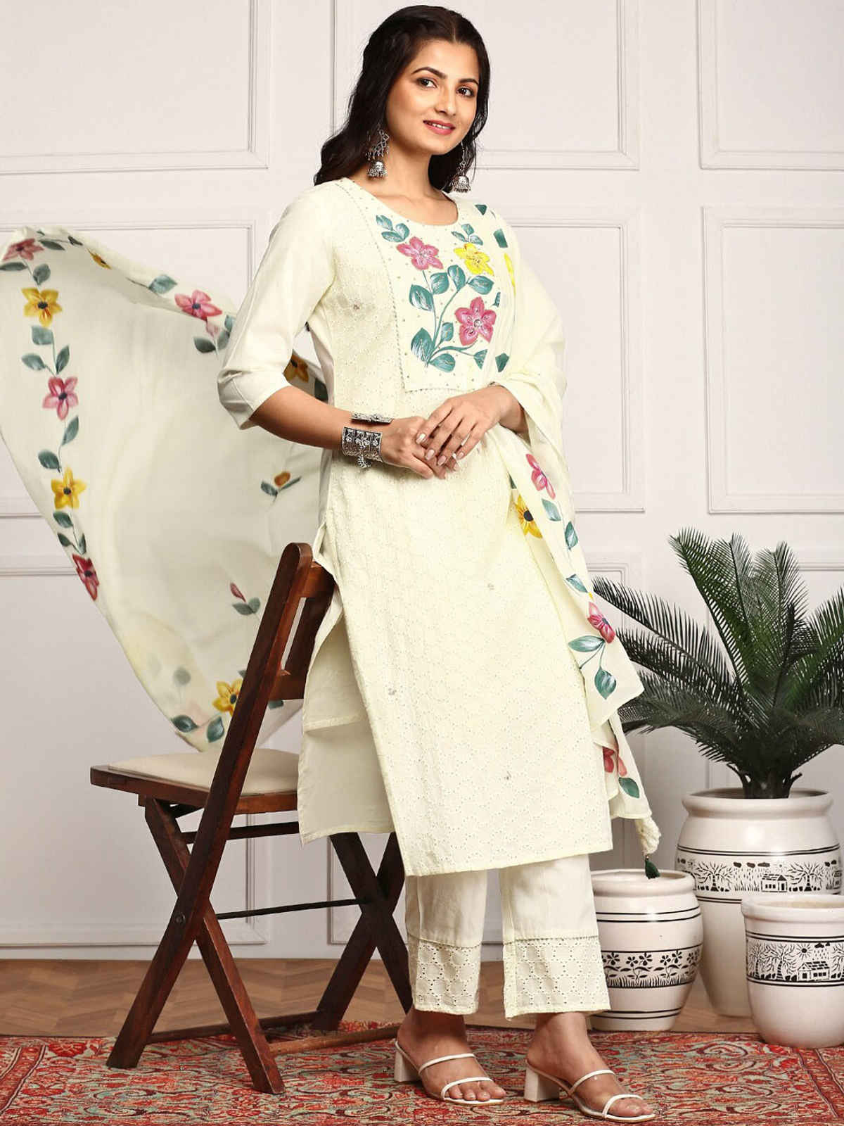 Ishin Women's Kurta Set Cotton with Dupatta | Off White - XL