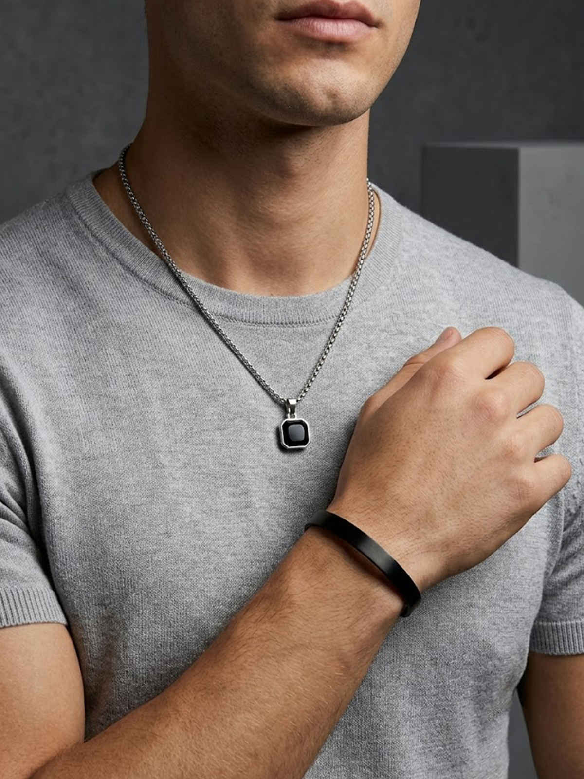 NVR Men's Silver-Plated Stone Pendant Chain & Black Rhodium Stainless Steel Cuff Bracelet Gift Combo