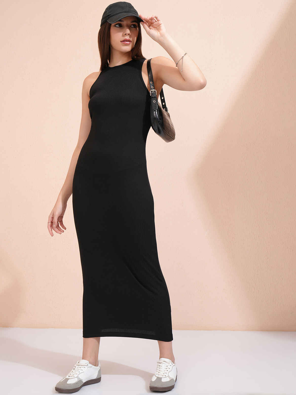 Basics By Tokyo Talkies Women's Solid Sleeveless Bodycon Midi Dress | Black - S