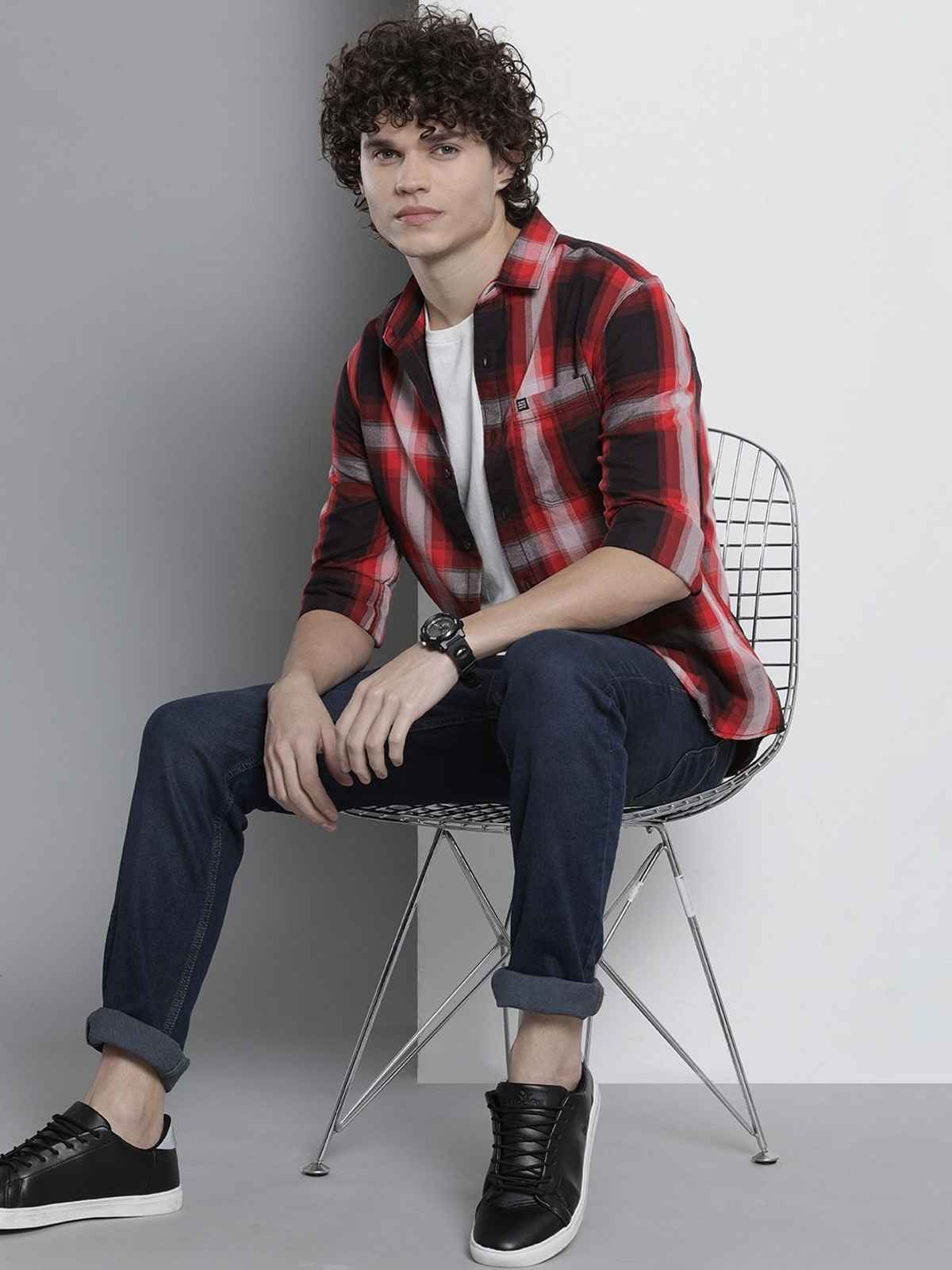 The Indian Garage Co Men's Slim Fit Checked Casual Shirt | Black - L