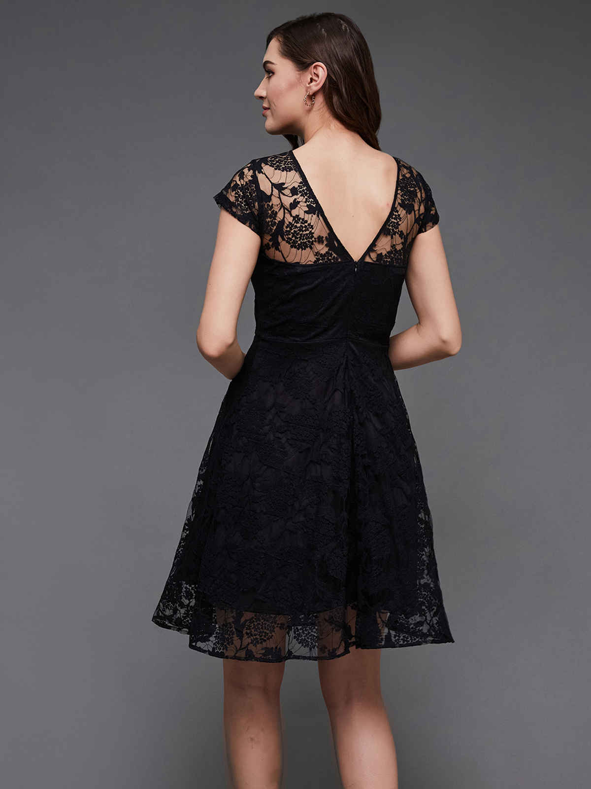 Miss Chase Women Round Neck Cap Sleeves Low Back Lace Skater Dress | Black | S
