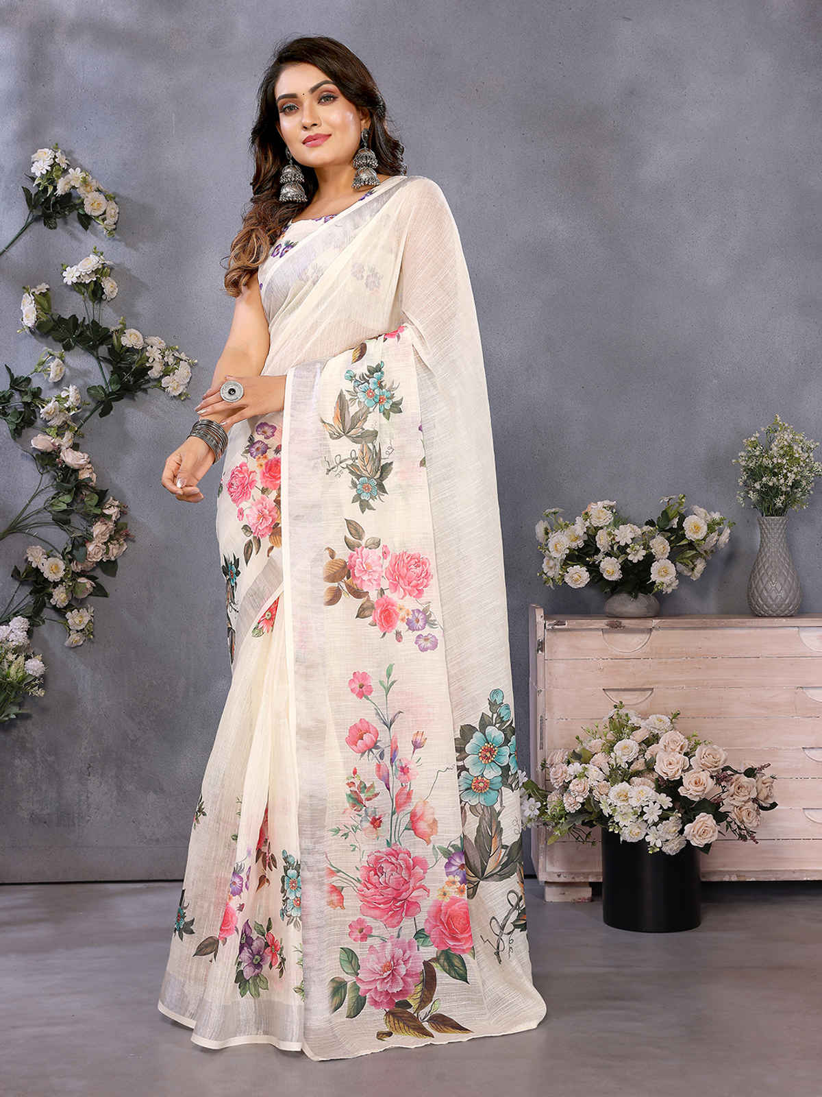 Hema Silk Mills Woman Digital Print Bollywood Linen Saree Ready to Wear saree with pocket | Beige