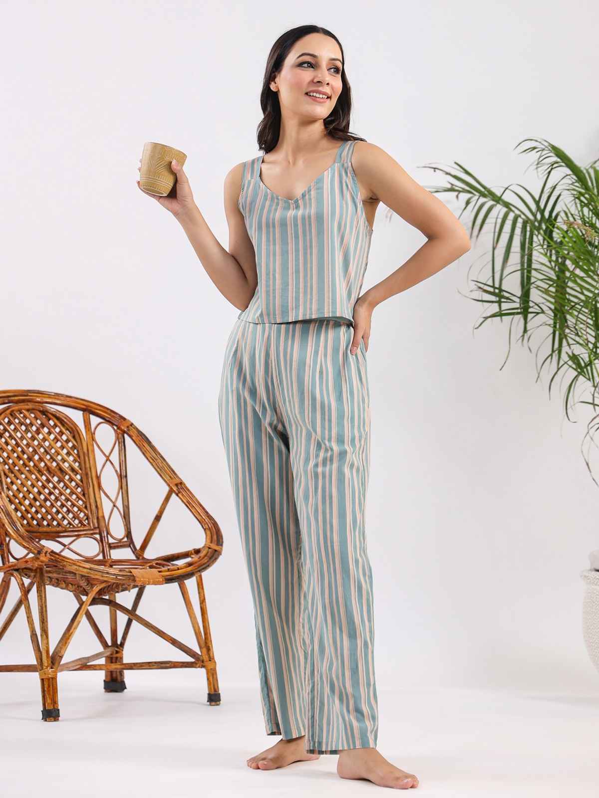 Sanskrutihomes Striped Pure Cotton Sleeveless Night Suit | Mint - Cream | M